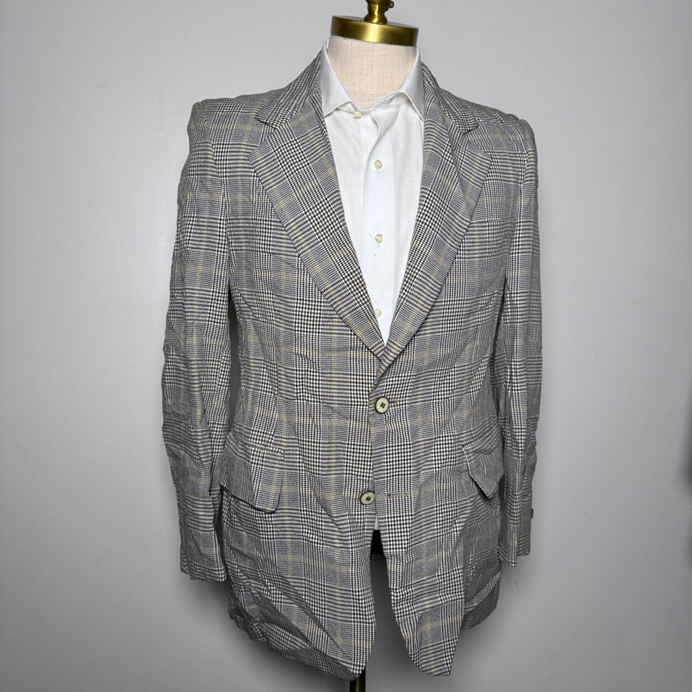 1970s Palm Beach Blazer Mens 38R Brown Tan Plaid Vintage Sport Coat 2 Button